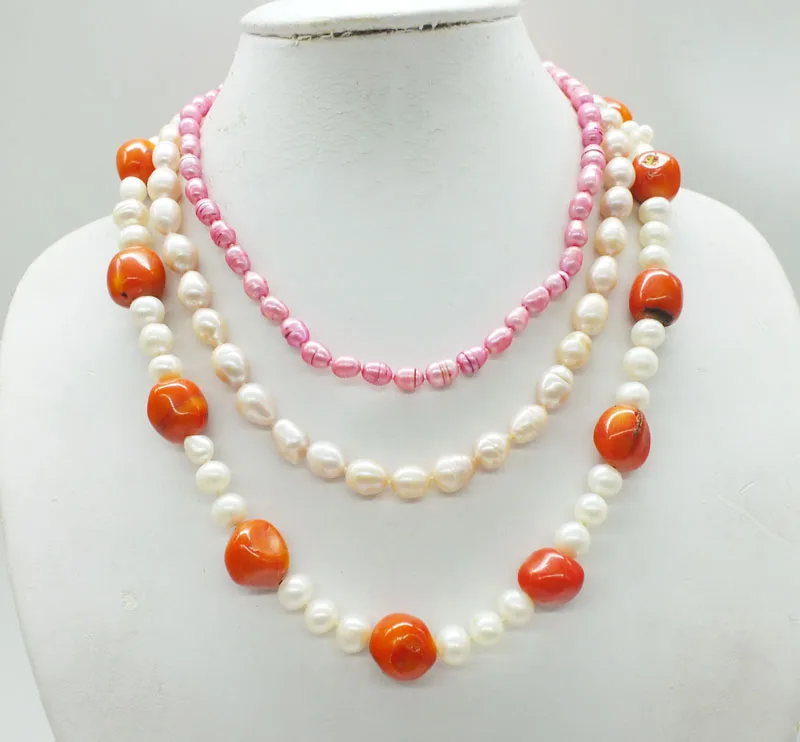 

3 rows of natural pearls, coral necklaces. Latest design, bridal wedding necklace jewelry