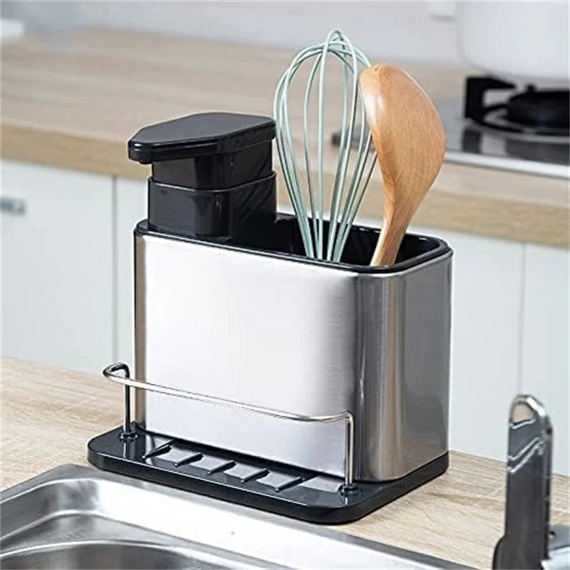 3-in-1 Kitchen Soap Dispenser Sponge Holder Dish Soap Dispenser Stainless Steel Sink Organizer Tray Rustproof Drainer Rack
