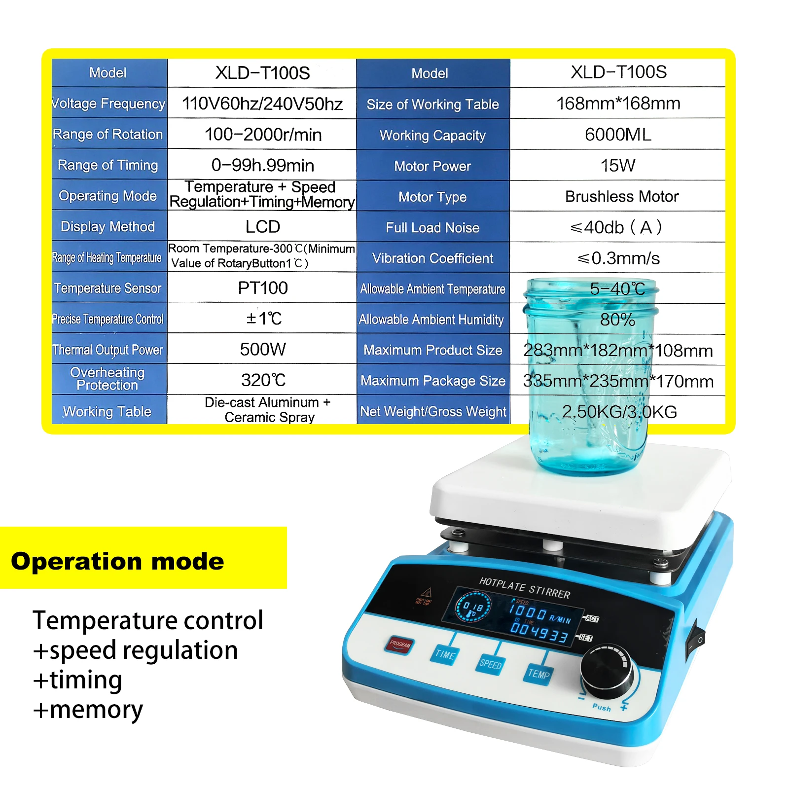 Magnetic Hotplate Stirrer 100 -2000 RPM Heating Power with Casting Aluminum and Ceramic Spraying Hot Plate ,500W,6L