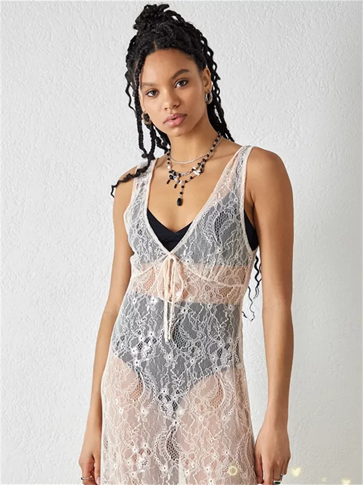 SUNSIREN Sexy Lace Beach Maxi Dress Women Y2K Hollow Out Bikini Cover Ups See-Through Beachwear Sleeveless Beach Tunic Pareos
