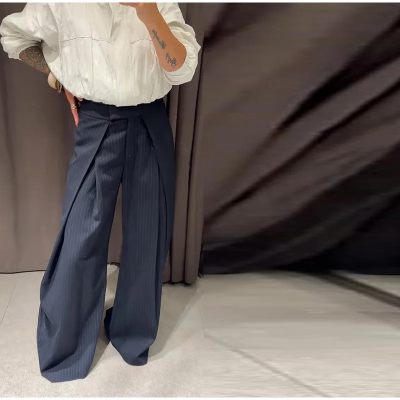 Übergroße Nadelstreifen-Hose mit weitem Bein für Damen, Vintage-Stil, hohe Taille, Wickelfront, maßgeschneiderte Baggy-Hose, 2022, neue lässige, schicke Streetwear – Detail 12