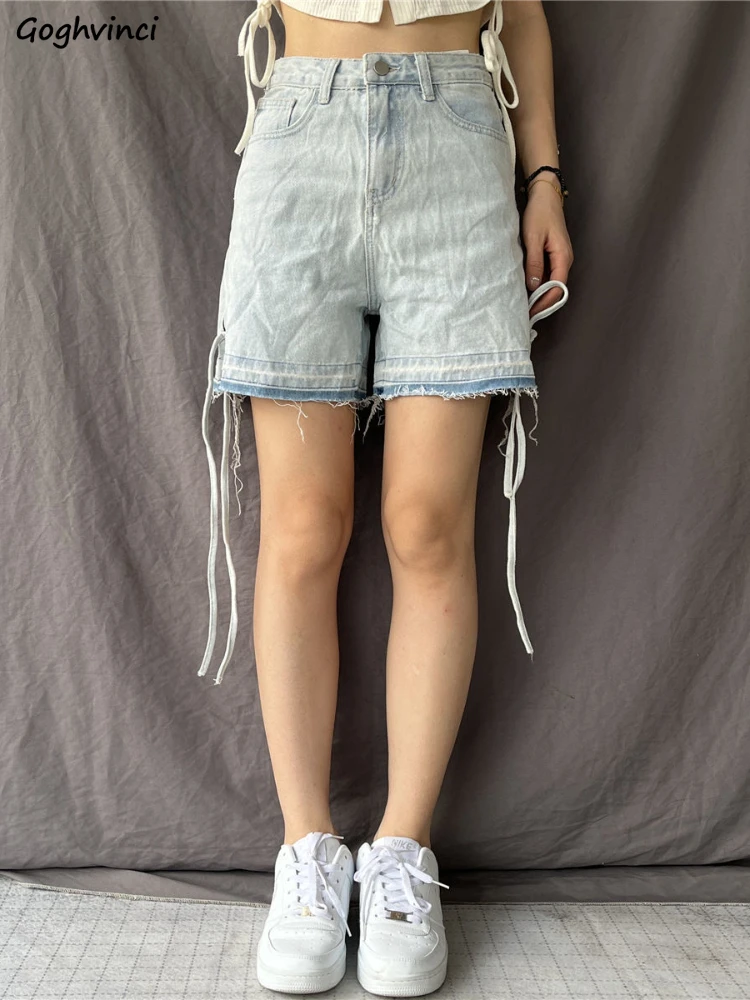 

Denim Blue Shorts Women Cool Bandage All-match Summer Leisure Streetwear Harajuku Trendy Pockets Retro Ins Femme Simple New Hot
