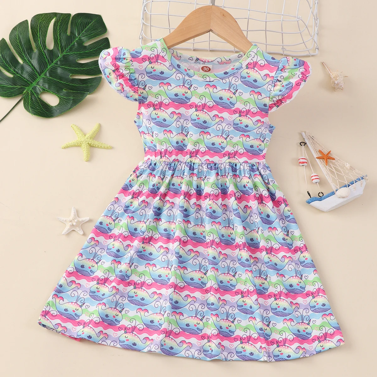 

Summer Dress for Girls Lovely Cartoon Animal dolphin Flying Sleeve Kids Dresses Cotton Ruffles New Toddler Girl Clothes 1-7Y
