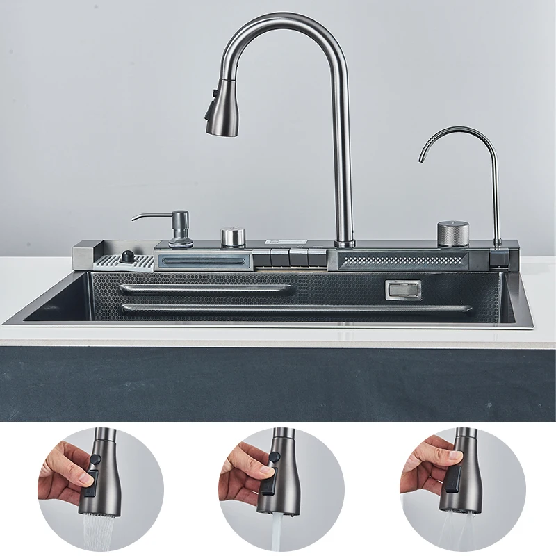 Waterfall Kitchen Sink 304 Stainless Steel With Digital Display Faucet Purified Water Mixer Crane And Wash Cup Tap Kitchen Parts 4