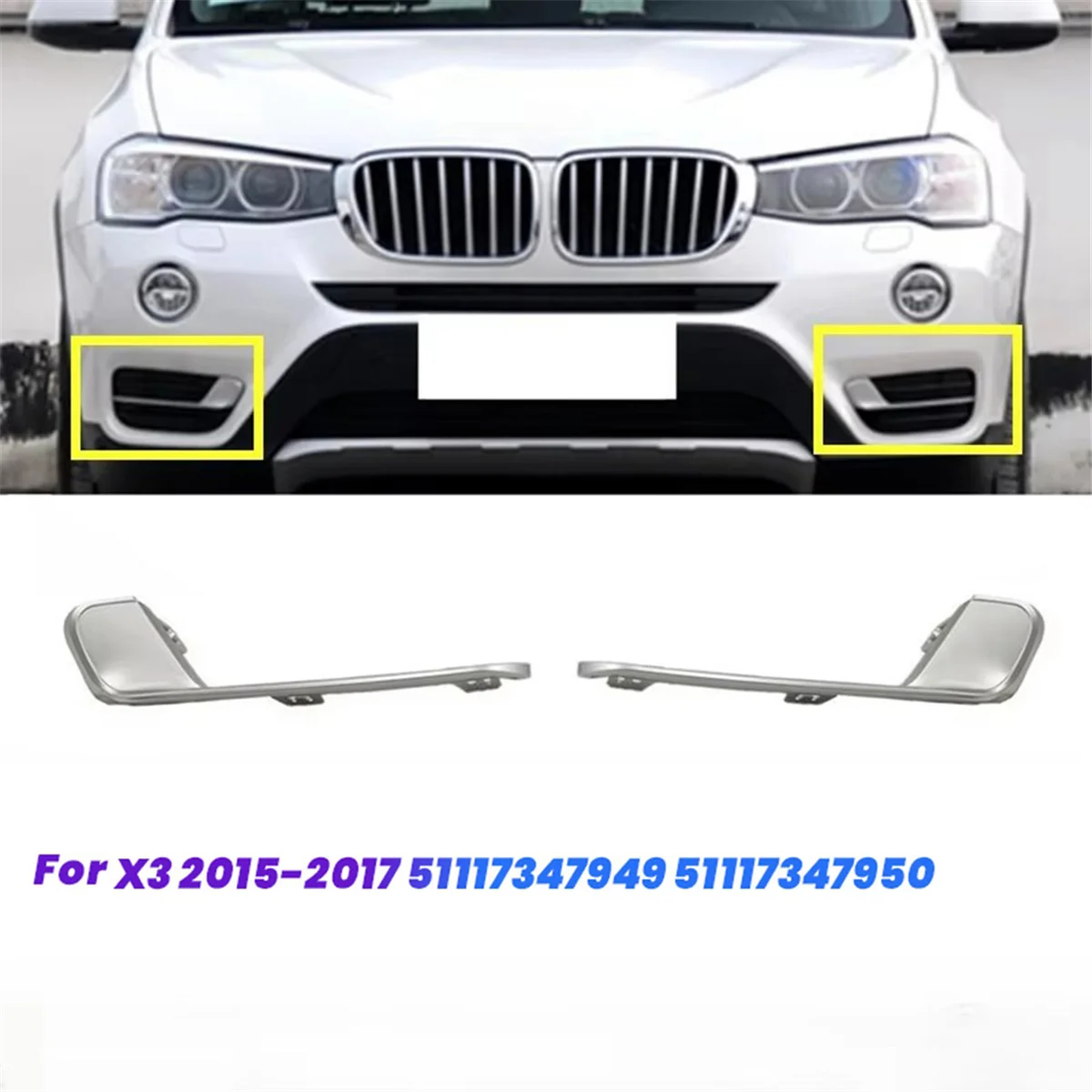 1Pair Car Front Bumper Outer Grille Bezel ChrTrim Strip for X3 2015- 51117347949 51117347950 Fog Lamp Trim