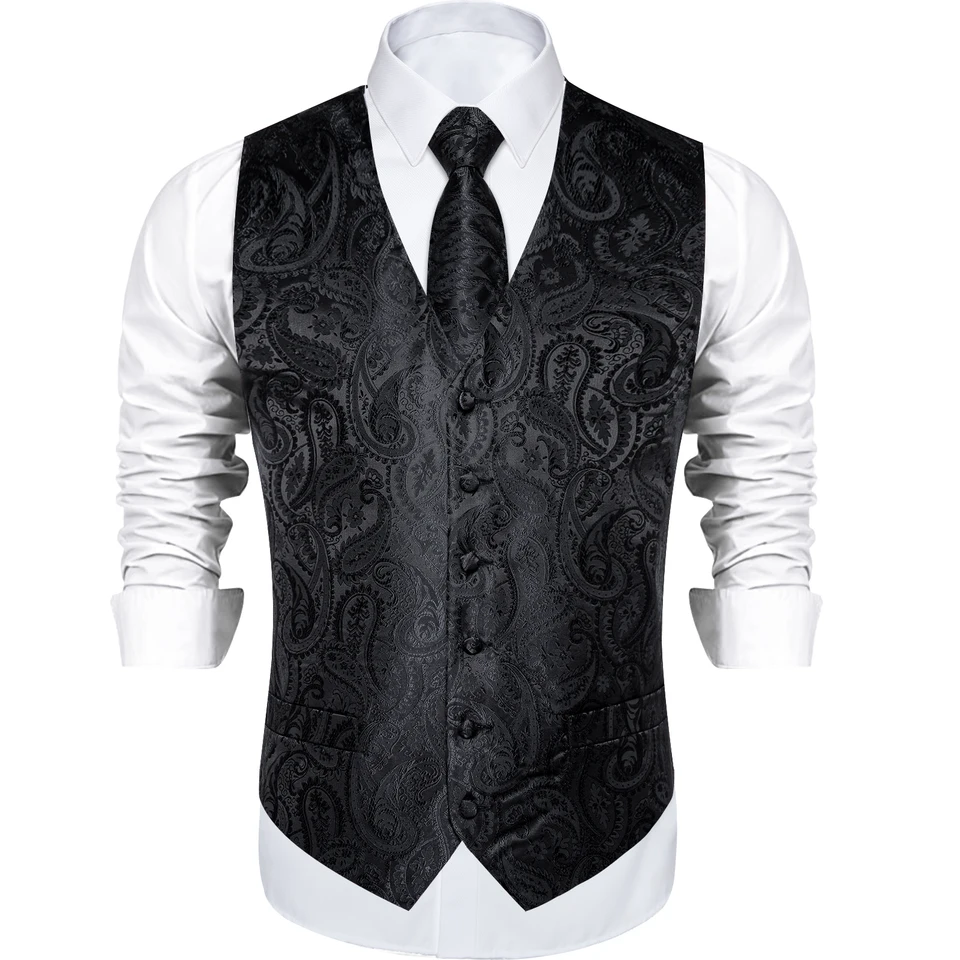 Men's Black Paisley Suit Vest with Accessories Set
