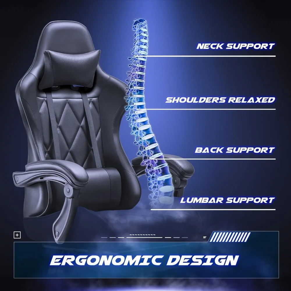 Gaming Chair, Computer Chair with Footrest and Massage Lumbar Support, Ergonomic High Back Video Game Chair with Swivel Seat an 4