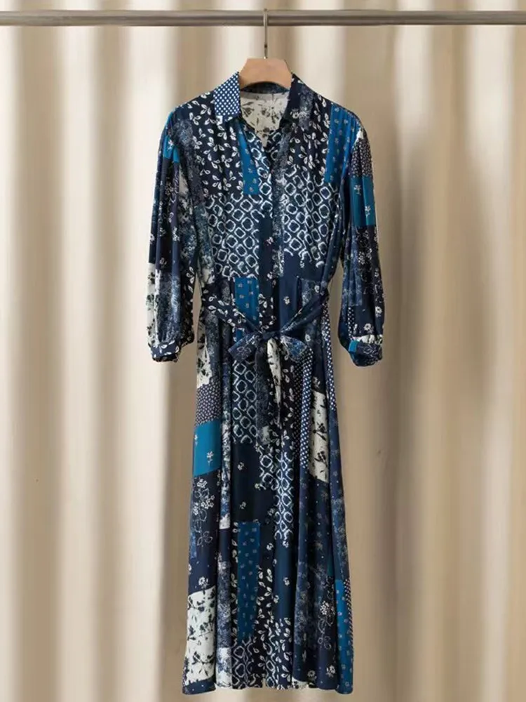

Women Print Dress 100% Silk Turn-Down Collar Single Breasted Female Lace-Up Long Sleeve Ethnic Style Midi Robe with Belt