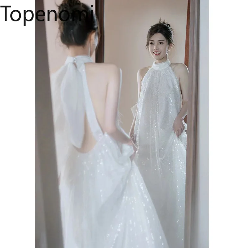 

Topenomi Off Shoulder Bridal Dress 2024 New Sequins Sexy Halter Backless Wedding Evening Dresses Korean Elegant Prom Party Gown