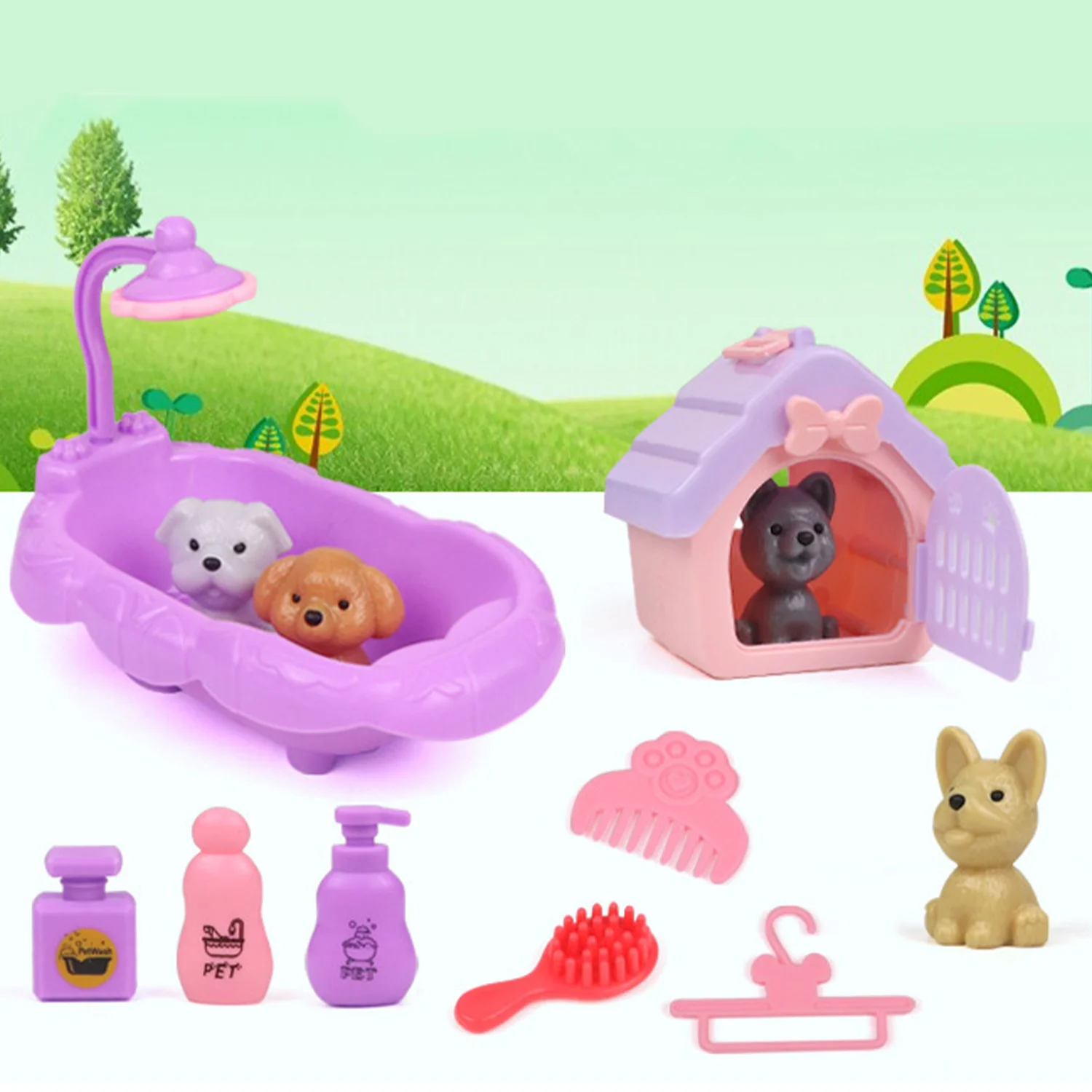 Children's play pet house toys, small dog and cat bathroom swing scenes, simulated feeding cat and dog pet houses