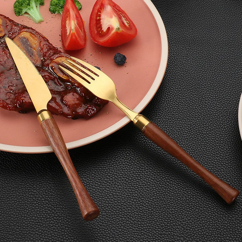 Stainless Steel Golden Tableware with Wooden Handle Western Cutlery Steak Knife Fork Spoons Teaspoons Home Kitchen Utensils