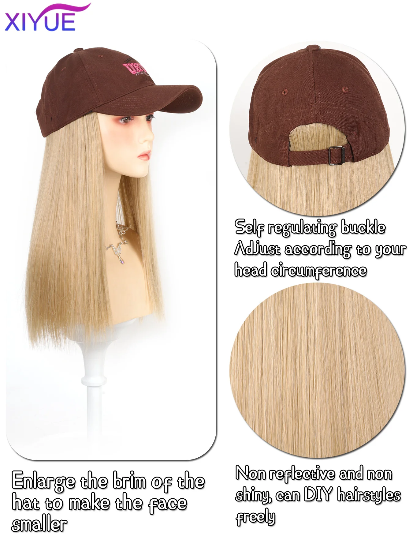 XIYUE 35Inch Long Straight Synthetic Wig Baseball Cap Hair Extensions Hat Wigs Black Brown Adjustable Hairpiece for Women