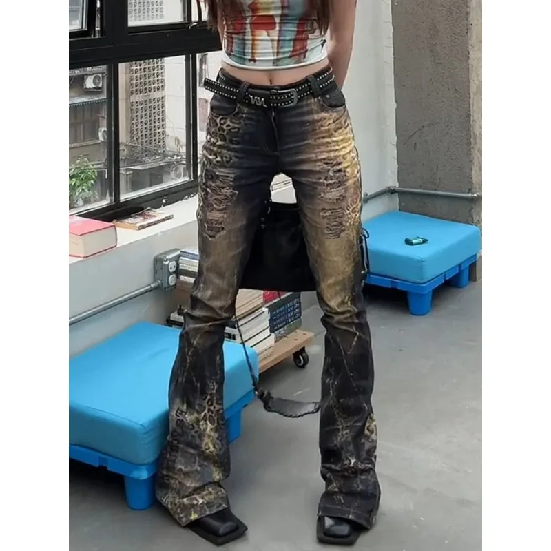 여성용 고딕 Y2k 플레어 청바지 여름 하라주쿠 Trashy 찢어진 데님 바지 streetwear baggy jean pants 빈티지 emo 의류