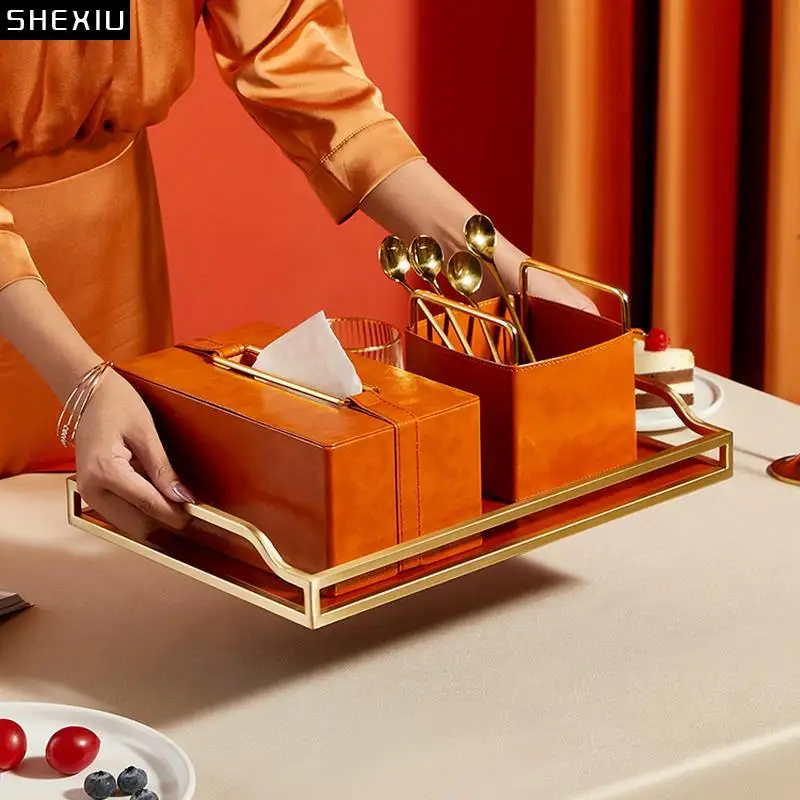 

American Orange Leather Tissue Box Dressing Table Jewelry Cosmetics Storage Basket Desktop Debris Rack Square Storage Box Tray