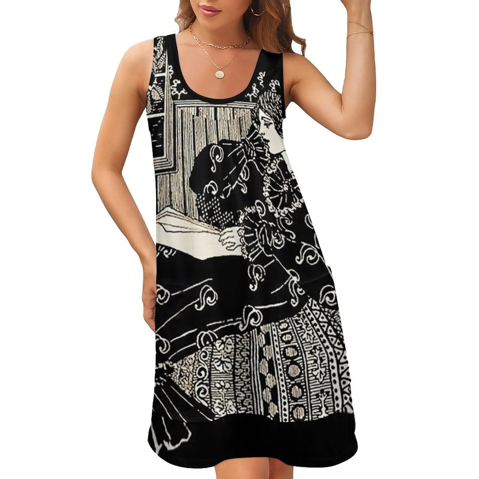 

HD. Reader girl, by Andrew Womrath Sleeveless U-Neck Fake Two Piece Dress women's luxury party dress sexy dress for women