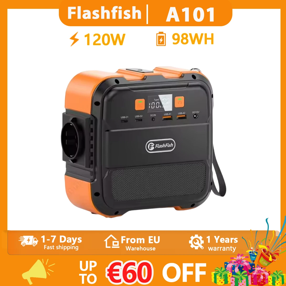 Estación de energía portátil Flashfish A101, generador solar de 120W, batería LiFePO4 de 98Wh, para respaldo doméstico, energía móvil para acampar al aire libre