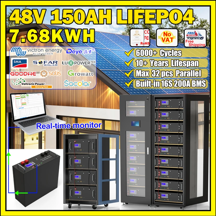 LiFePO4 48V 150Ah 100Ah 200Ah Battery Pack 51.2V 7KWh 10KWh Built-in ...