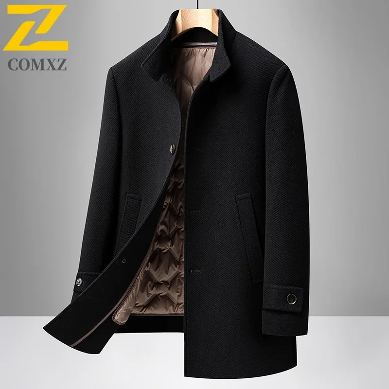 COMXZ Men Wool Blends Coat Removable Liner Luxury High End Business Outdoor Golf Coat Office Warm Goose Down Lightweight Padding