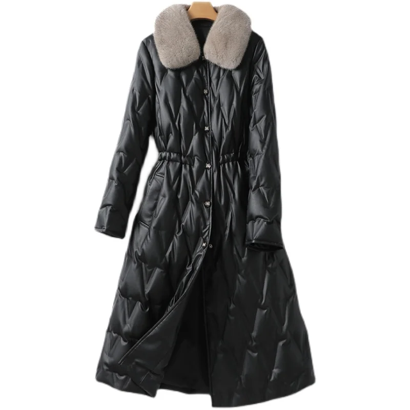 Women's Winter Mid Length Leather Coat, Black Lace Up Waist Collection, Temperament Mink Collar, White Duck Down Coat