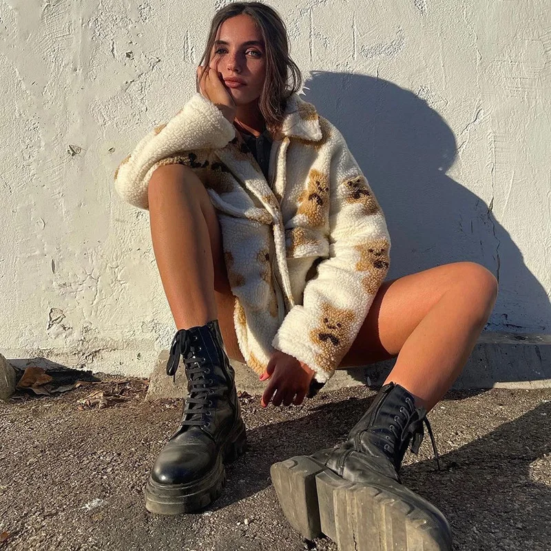 Autumn and Winter Thick Lamb Hair New Women's Fashion Bear Zipper Mid-length Flocking Loose Thick Coat Street Sweater Hoodie