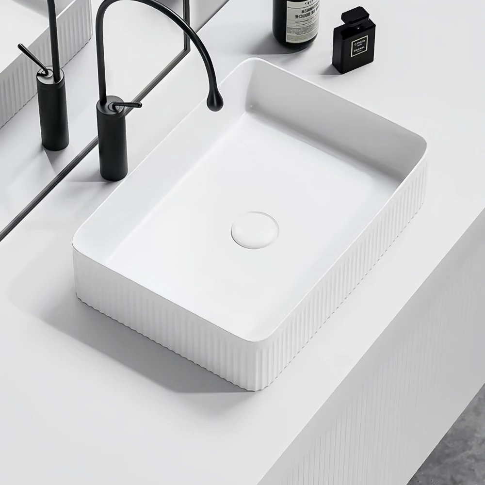 Modern ceramic bathroom container sink, striped design rectangular sink, dressing table sink, suitable for homes and balconies 3