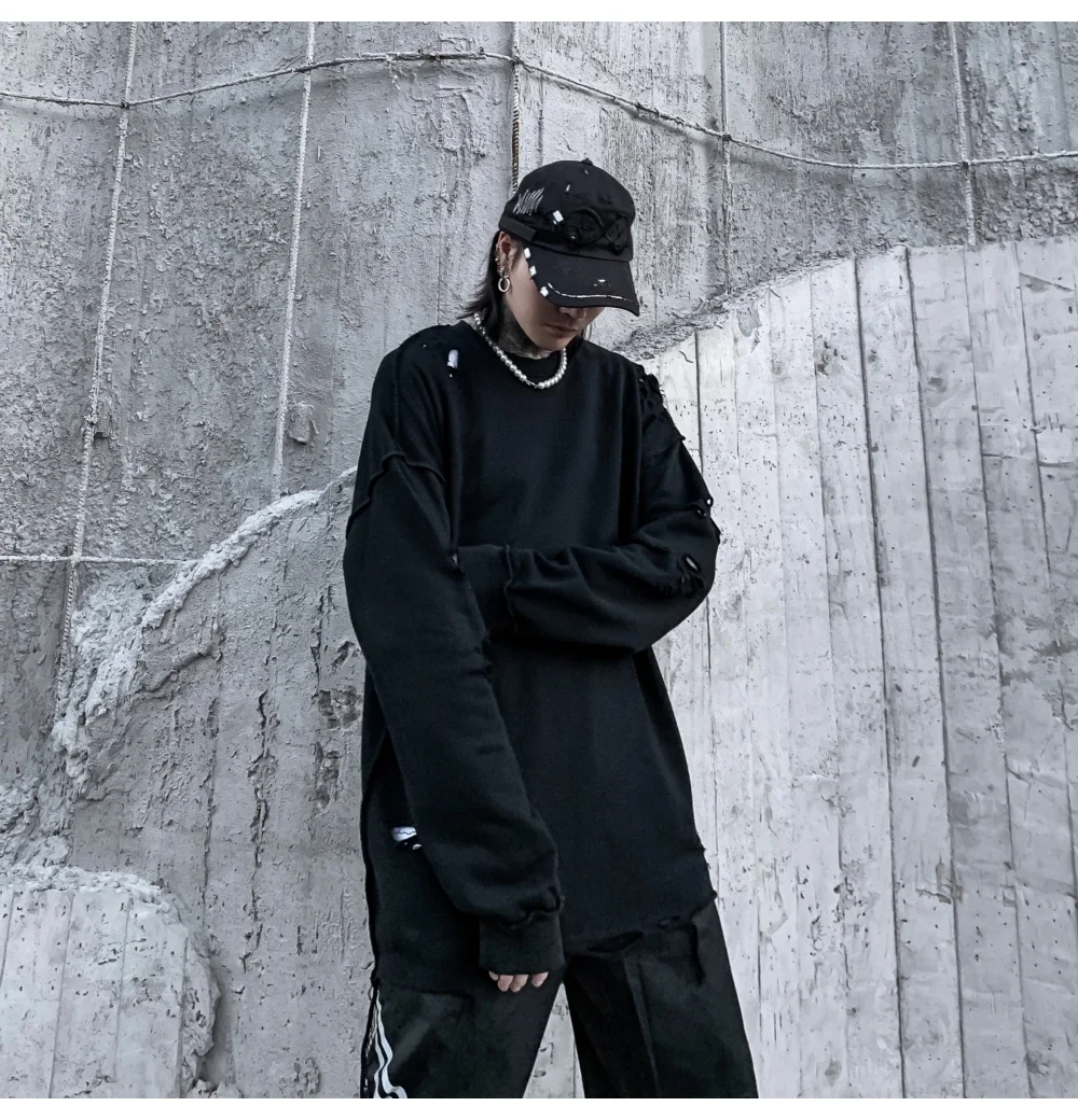 Camisolas rasgadas de manga comprida para homens e mulheres, pulôveres de ombro, streetwear com buracos rasgados, roupas grunge, sloth tops, primavera