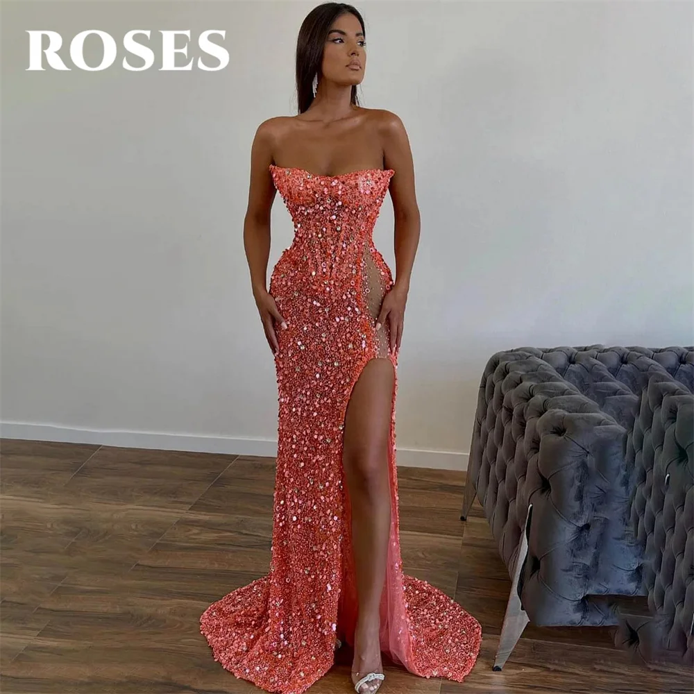 

ROSES Sexy Pink Party Dress Strapless Sleeveless Mermaid Wrap Hips Prom Dress Pleats Sequins Satin فستان سهرة نس Evening Dresses