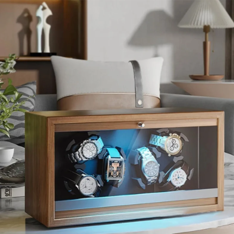 Automatic 6-Slot Watch Winder Box with Blue LED Light, Black Walnut Finish, Soft Memory... - SKU LAWW1124 - UGI Packaging