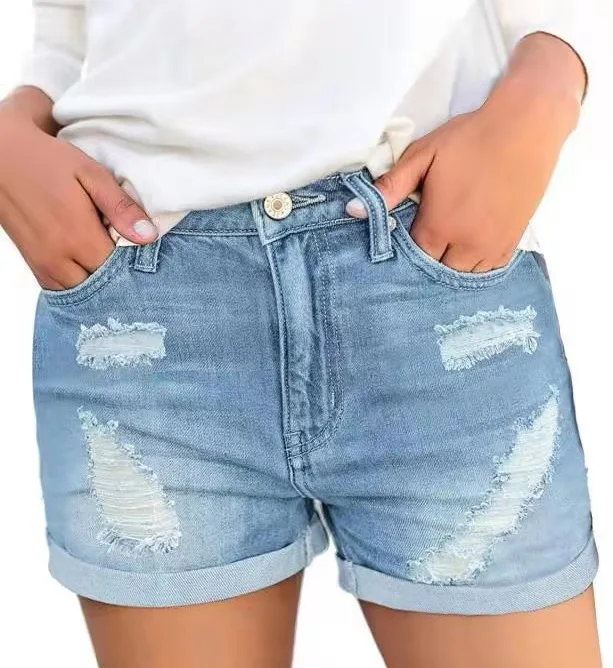 

Women's Ripped High Waisted Denim Shorts Stretchy Cuffed Hem Jean Shorts