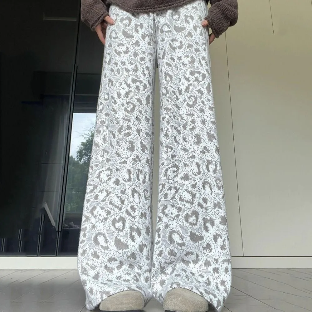Fashion Plush Velvet Leopard Pants Thicken Warm Drawstring Wide Leg Pants Loose High Waist Casual Pants Women Female