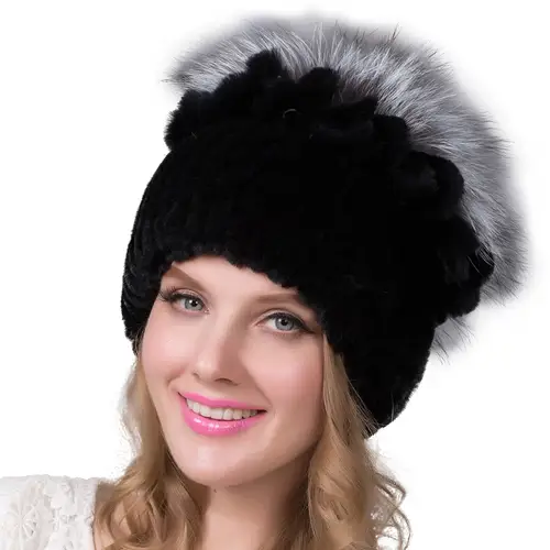 New High-Quality Warm Rabbit Fur Hat Fashionable Fox Fur Knitted Ear Protection Floral Fur Woven Hat - Image 4
