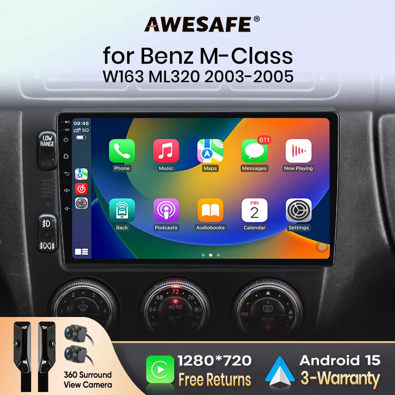 AWESAFE CarPlay inalámbrico Android Auto para Mercedes Benz Clase M W163 ML320 2003-2005, radio para coche, reproductor multimedia, estéreo, Wi-Fi, navegación GPS, 2 Din, autorradio, sistemas inteligentes para coche, 1280*720, IPS, unidad principal, FM, RDS, DSP, SWC, BT, Plug and Play, ISO 1