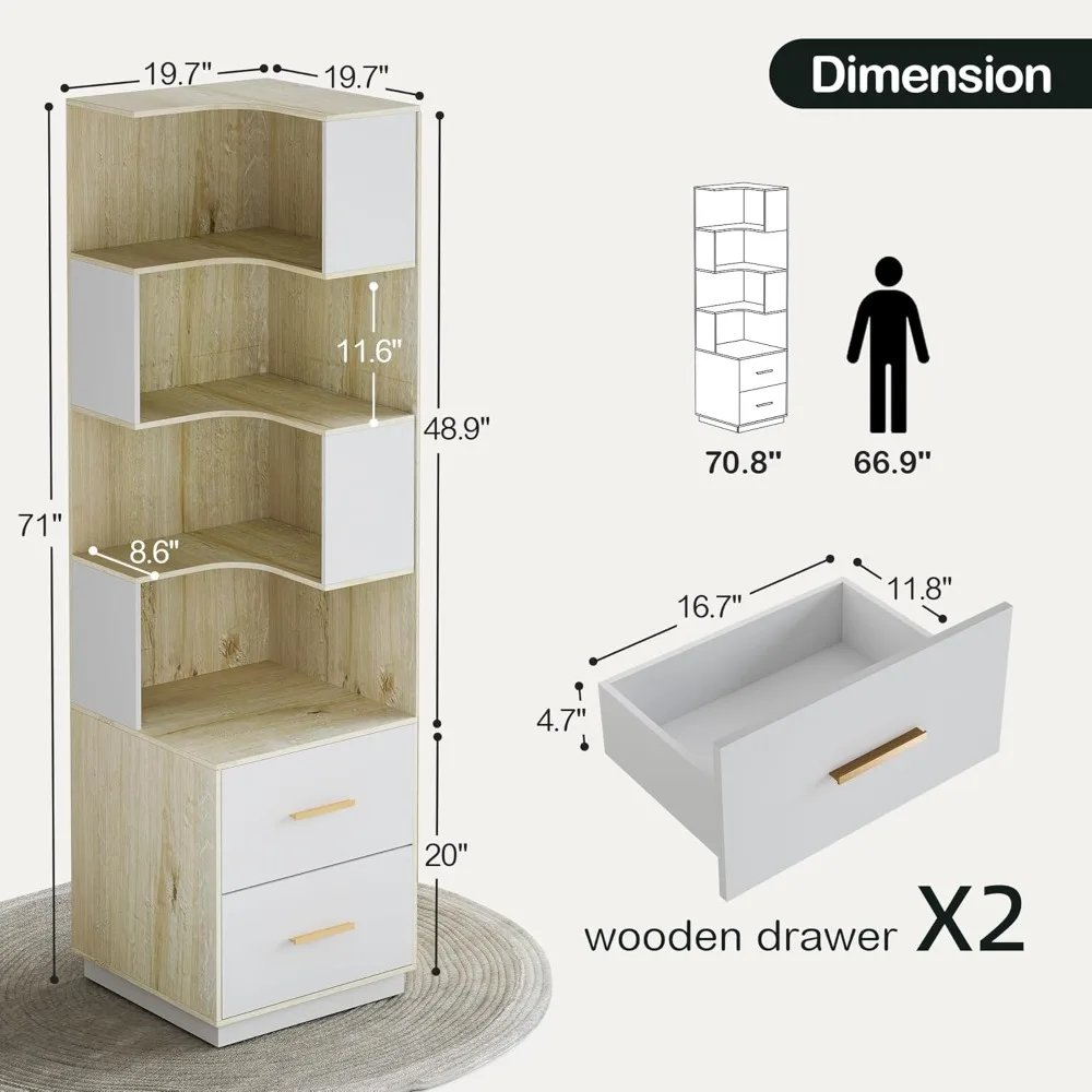 71" Tall Bookcase, Reversible Modern Bookshelf DIY Design with Baffle, L Shaped Freestanding Wood Corner Display Rack for Home O 2