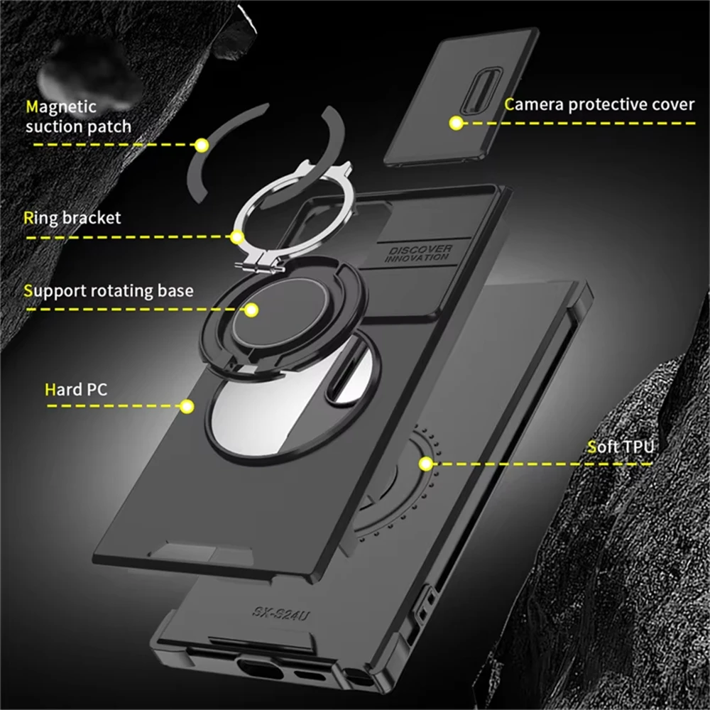 Magnetic Ring Stand Phone Case with Slide Camera Protection and Armor Cover