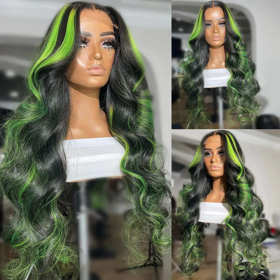 30 34 Inch Body Wave Lace Front Wig Highlight Green Lace Front Human Hair Wigs Colored Human Hair 13x4 13X6 HD Lace Frontal Wigs