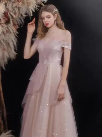 Pink Tulle Evening Dresses A-Line Illusion Sequins Applique Pleat Floor-Length Off The Shoulder Backless Wedding Party Prom Gown