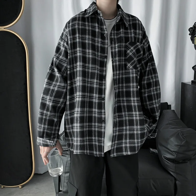 Men Shirts Oversized Cotton Plaid Shirt Button Up Hip Hop Long Sleeve Tops Korean Harajuku Mens Clothing Casual Vintage Ulzzang