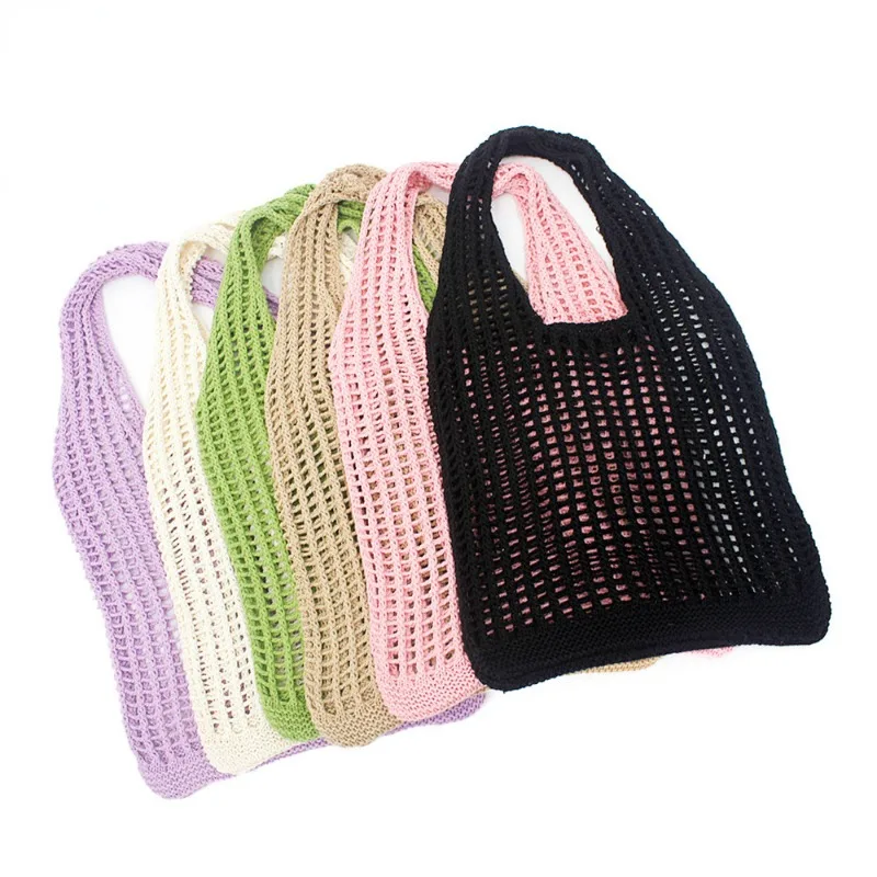 Knitted Shoulder Bag Large Capacity Retro Mesh Hollow Simple Style Woven Storage Bag Vacation Travel Beach Bag Trend All-match
