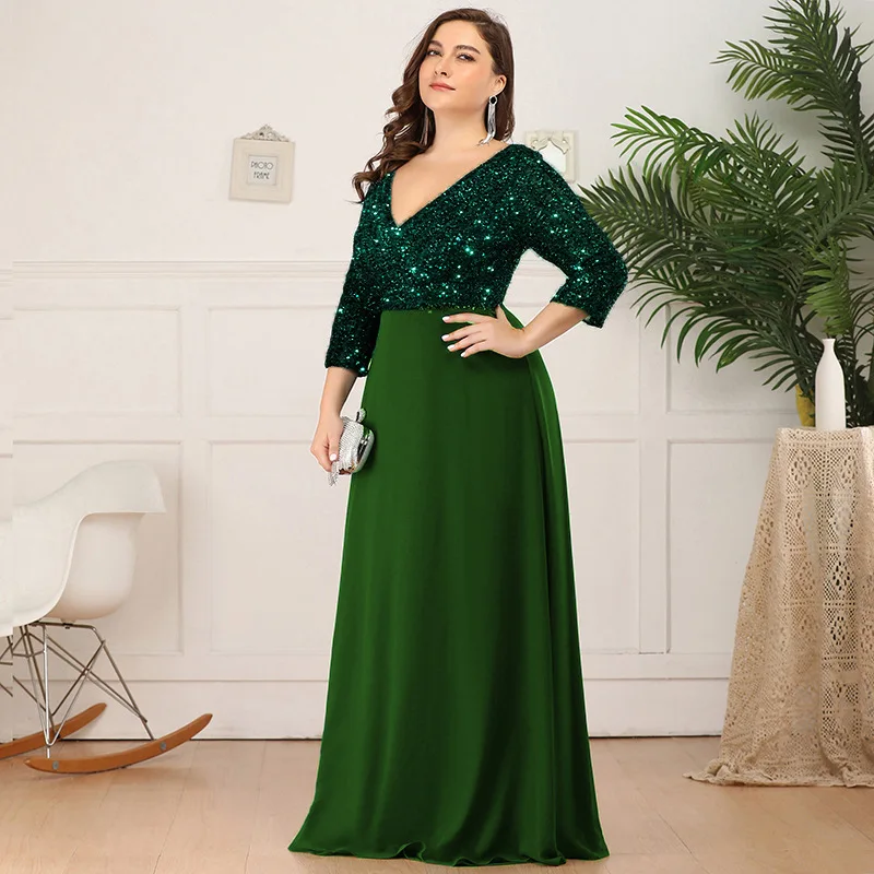 Women Plus Size Maxi Dresses 2023 New Summer Luxury Elegant Long Sleeve Sequined Formal Evening Party Wedding Cocktail Clothing