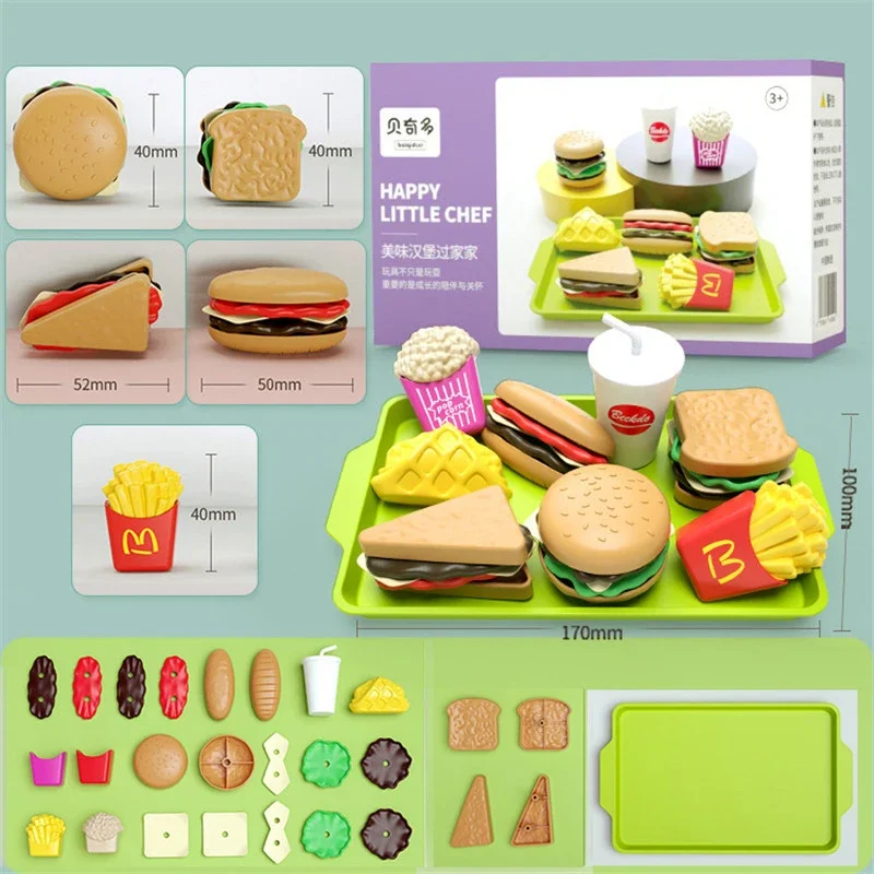 Children Hamburger Pretend Play Cooking Toys Set Mini Simulation Food Kitchen Toys For Girls Sandwich Fries Burger Assembly Game 3