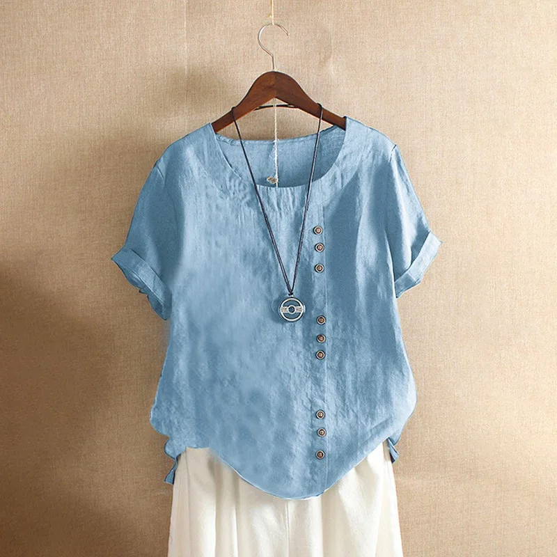 

O-neck Loose T-shirt Casual Crew Neck solid Short Sleeved Top Pullover Fake Button Women Clothing Vintage Summer New Office Lady