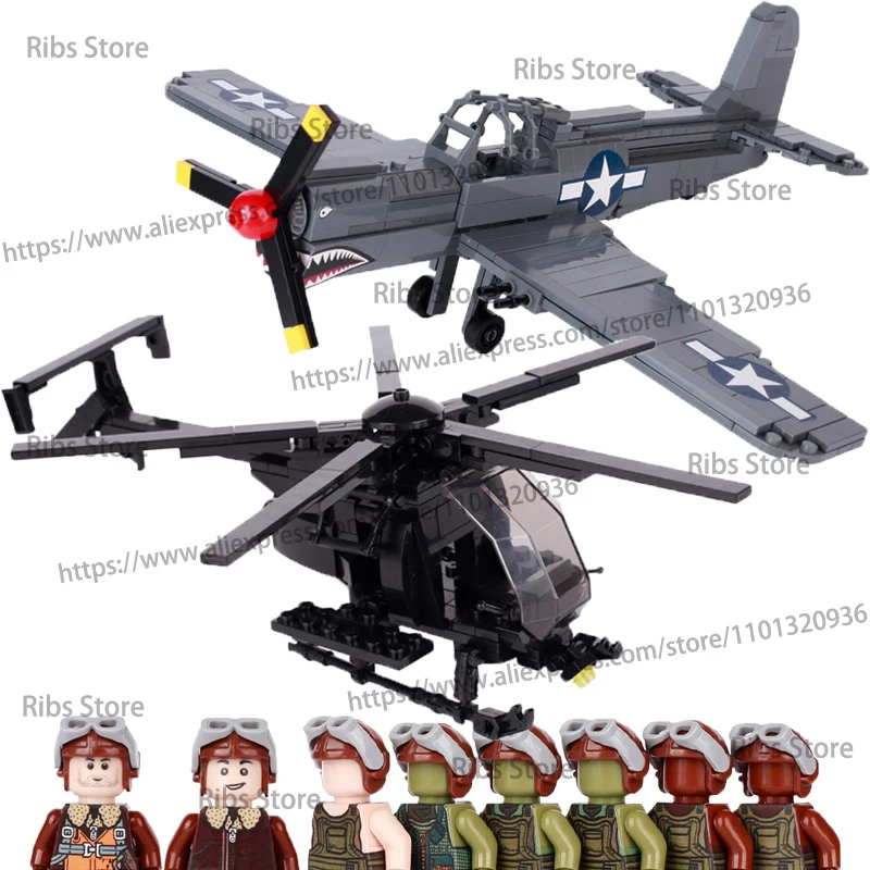 

MOC US Aircraft Building Block P-40 Warhawk Fighter MH-6 Light Helicopter WW2 M8 Armored Car Vehicle Bricks Figure Toy Gift D424