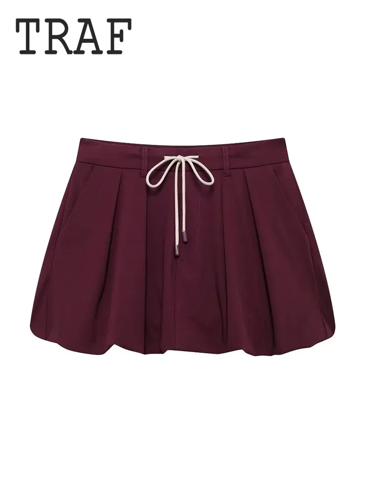 TRAF Casual Women 2 Pieces Sets Waist Lace Up Lantern Edition Mini Skirt Sets Solid Pocket Decorative Jacket Top Women's Set 4
