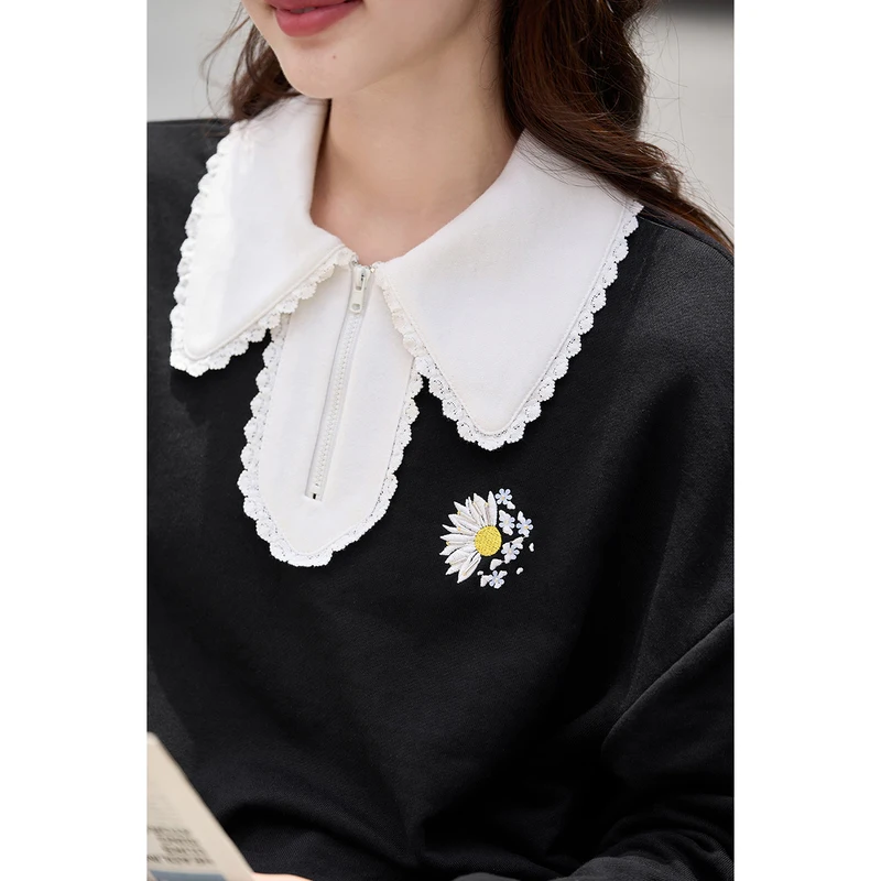 INMAN Women Sweatshirts 2023 Autumn Long Sleeves Lace Lapel Loose Hoodies Contrast Pearl Embroidery Casual All-match Black Tops