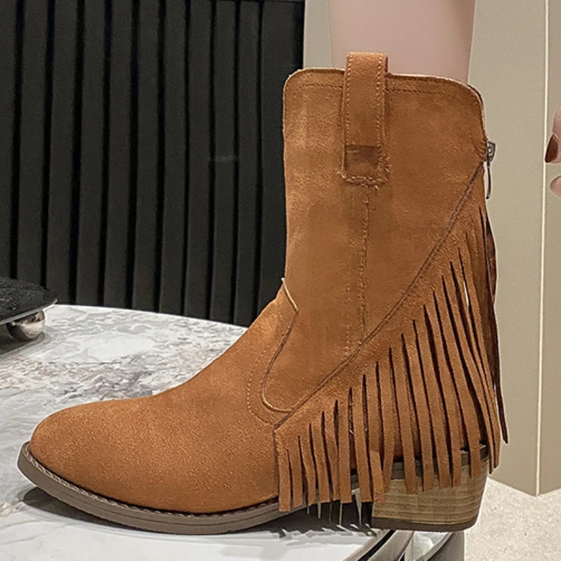 2023 Hot Sale Shoes for Women Zipper Women's Boots Winter Pointed Toe Solid Flock Mid-Calf Chunky Heels Western Tassel Boots