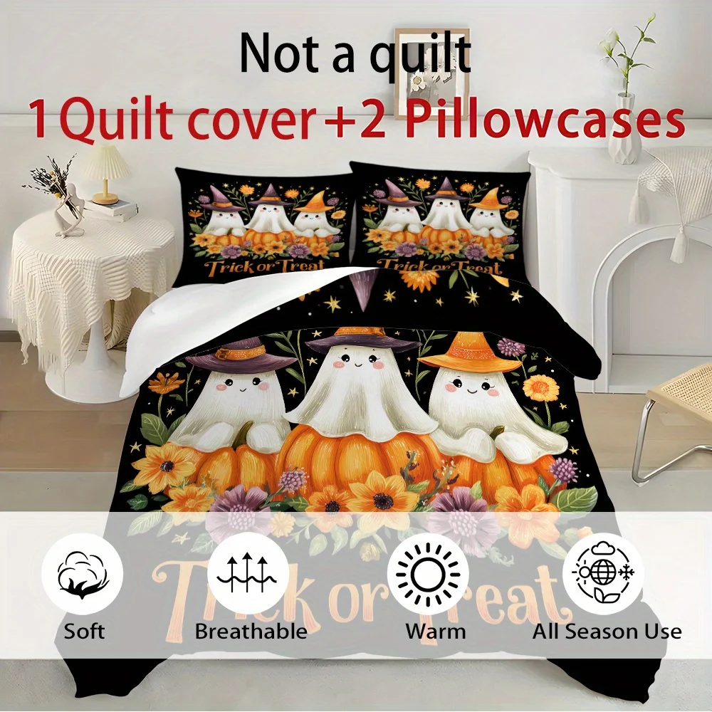 3pcs Halloween Pumpkin Ghost Pattern Printed Duvet Cover Set, High-Definition Printed Bedding Set