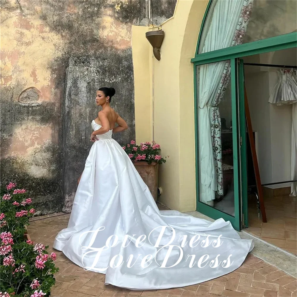 Customized Simple Stain Strapless Pleats A-Line High Side Slit Wedding Dress Pastoral Sleeveless Boat Neck Backless Lace Up 2025 5
