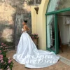 Customized Simple Stain Strapless Pleats A-Line High Side Slit Wedding Dress Pastoral Sleeveless Boat Neck Backless Lace Up 2025 5