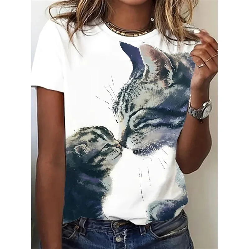 Funny Cat Pattern T-Shirt For Women Cute Pet Animal 3D Printed T Shirts Summer Fashion Tees Short Sleeves O-Neck Tops Streetwear 4