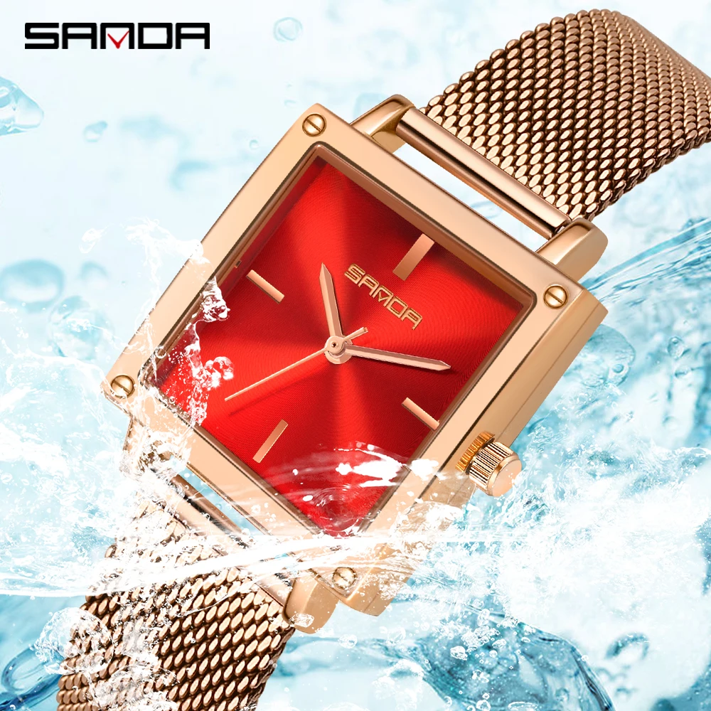 SANDA 1068 Women Square Sport Watches Fashion Leather Strap Analog Quartz Wristwatch Big Dial Vintage Elegant Ladies Reloj Muje